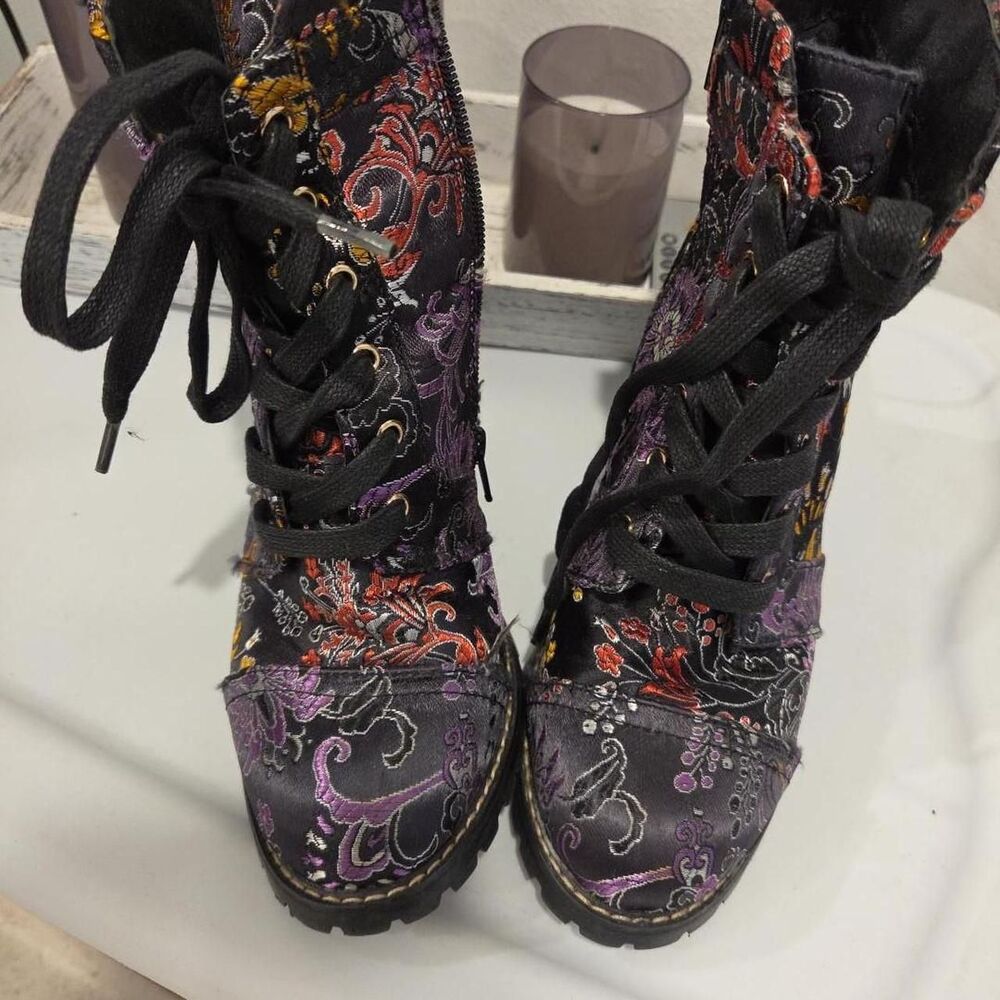 Diba Black Floral Brocade Lace Up Ankle Boots Chunky Heel 8